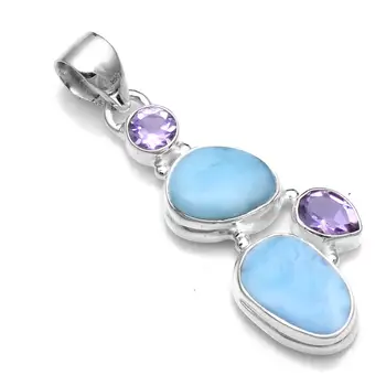 

Genuine Larimar + Amethyst Pendant 925 Sterling Silver, 43.6 mm, 2SP0641