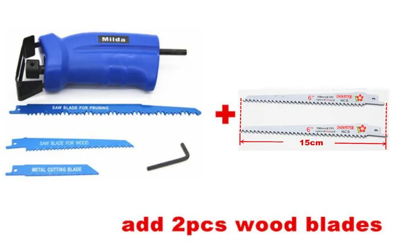 add 2pc wood blades Milda, новинка, аксессуары для электроинструмента, Сабельная пила для резки металла, дерева, режущий инструмент, электрическая дрель с 3 лезвиями - Цвет: add 2pc wood blades