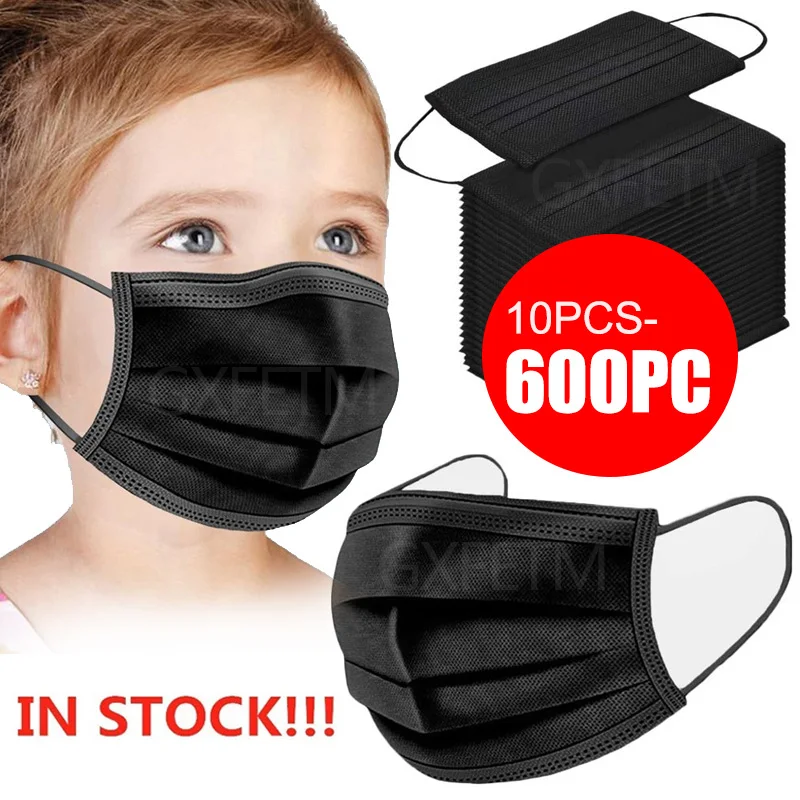 Face Mask 10/50/100/200/600Pcs Disposable Children Black Non-wove 3 Layer Anti-dust Child Masks