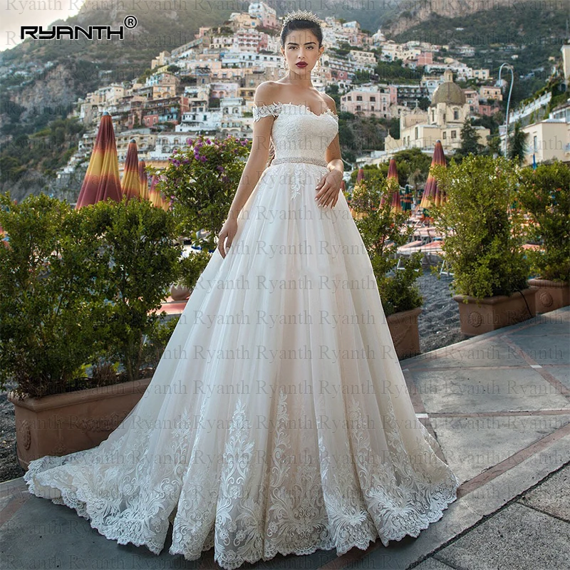 Vestido de noiva сексуальное кружевное свадебное платье трапециевидной формы с открытыми плечами, свадебные платья со шнуровкой на спине, пояс со стразами, Robe de mariee