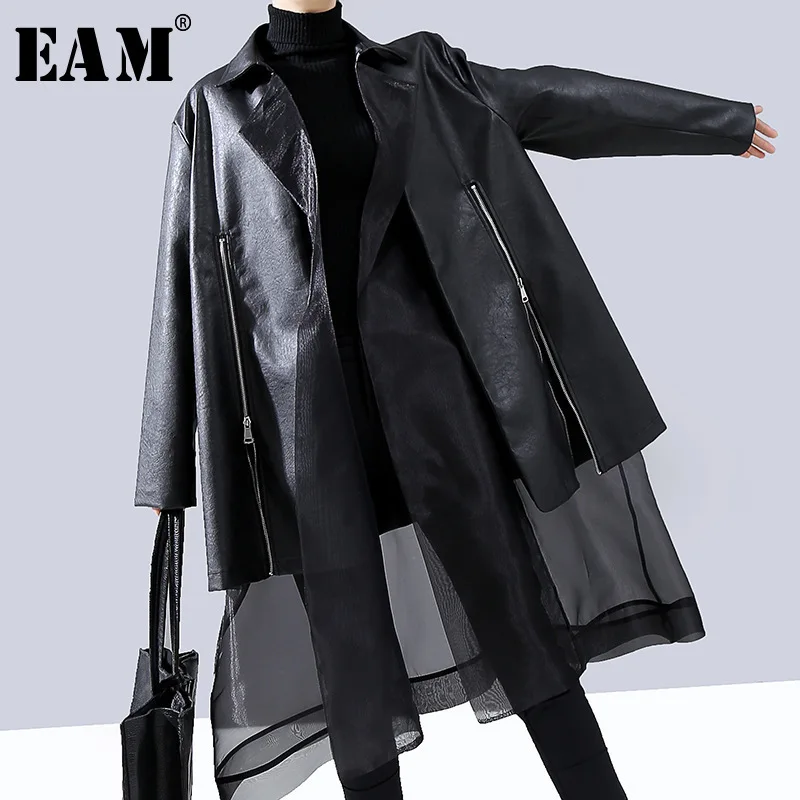 

[EAM] Loose Fit Black Mesh Split Pu Leather Big Size Jacket New Lapel Long Sleeve Women Coat Fashion Tide Spring 2020 1N251