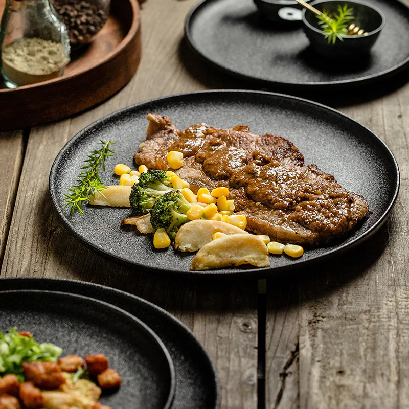 Juego de platos de cerámica negros para el hogar, vajilla de estilo