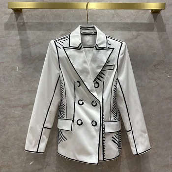 

High-end Unisex Women Blazer Coat Hand-painted Striped Printed Suit 2020 Autumn Luxury Brand California Sky Casual Blazer Jacket