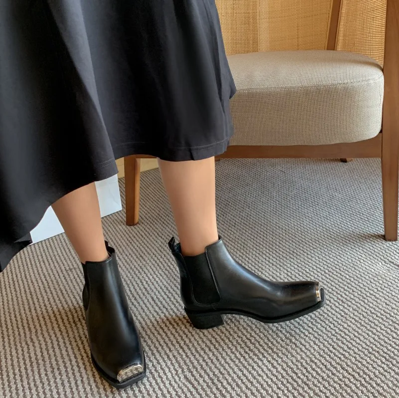 Брендовые женские ботильоны с квадратным металлическим носком; Botas Mujer; женские ботинки «Челси» из натуральной кожи; пикантные ботинки; Botas Mujer