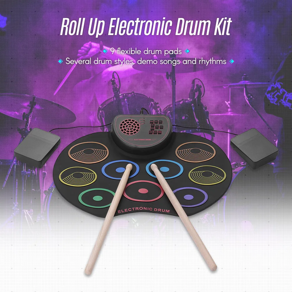 Portable Electronic Drum Set USB Drum Pad Kit 9 Drumpads Built-in Speaker with Sticks and Pedals Digital Percussion Instruments