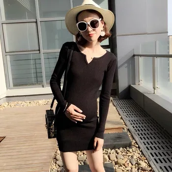 

Afei Tony 2019 New Arrive Autumn Maternity Knitted Dress Woman Elegant fashion Long Sleeve Solid Dress Pregnant Woman Dress