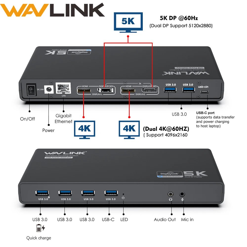 

Wavlink USB C Dual 4K HDMI&DP Universal Docking Station USB Power Delivery With Gigabit RJ45 5K@60Hz Display for Window Mac OS