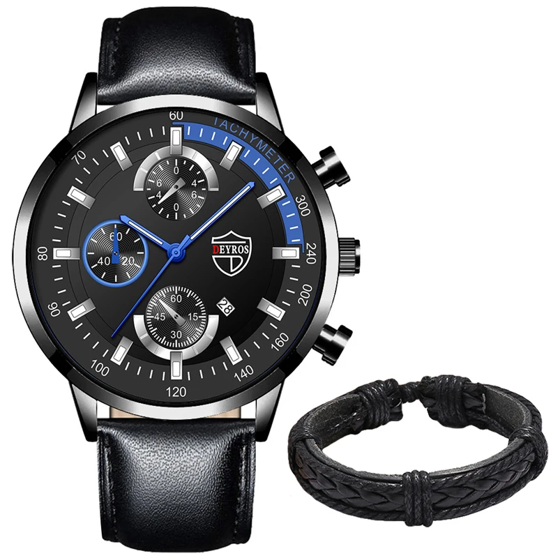 Luxury Mens Leather Watches Stainless Steel Fashion Calendar Quartz Wrist Watch Leather Bracelet Male Business Luminous Clock 