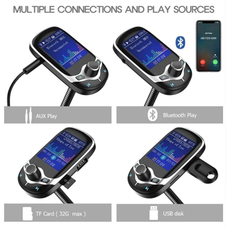 Автомобильный MP3-плеер с Bluetooth, fm-передатчик, 1,8 дюймов, ЖК-дисплей, беспроводное зарядное устройство USB с поддержкой громкой связи