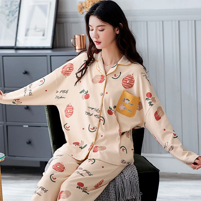 

Women Sleepwear Cotton Spring Nighty Lapel Loose Version Plus Size 3XL Pajama Set Intensification Pyjamas Fall Nightgown