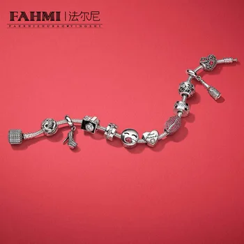 

FAHMI 100% 925 Sterling Silver KISS MORE CHARM Heart-shaped Bead CHAMPAGNE Heels HANGING CHARM Valentine's Day Gift Bracelet Set