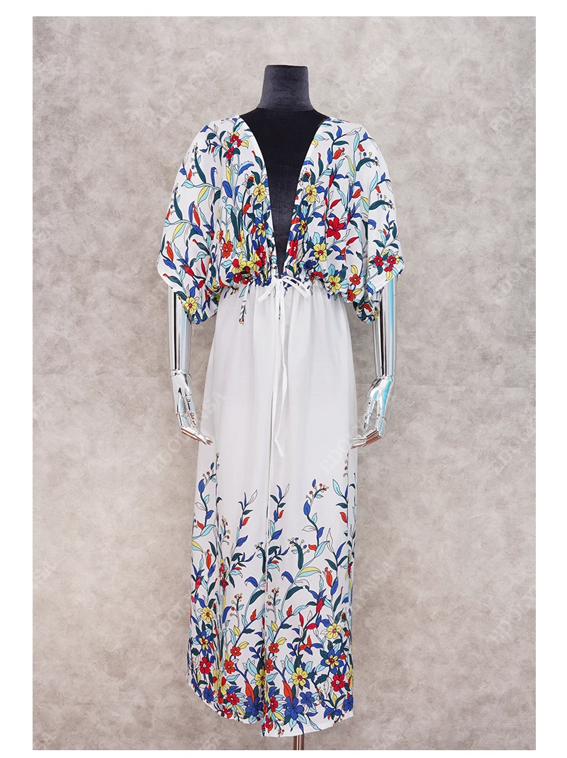 Богемное летнее пляжное платье с цветочной вышивкой и полурукавом спереди, элегантное женское пляжное платье макси Robe de plage N851