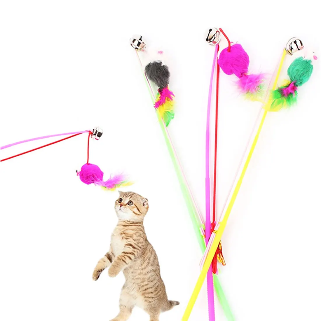 

1pc Funny Cat Toy Stick Interactive False Colorful Feather Plush Mouse Kitten Mini Mice Playing Toys Random Multicolor with Bell