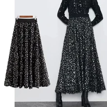 ZA 2022 Women Mid-Calf Sequined Skirt Spring Autumn High Waist Casual Skirts Female Elegant Fashion Party A-line Skirt Women