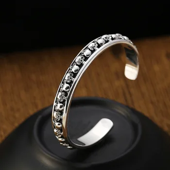 

Real 100% 925 Sterling Silver Punk Rock Bangles For Men Full Skull Skeleton Carving Solid Heavy Cuff Bracelet Opening Bracelet