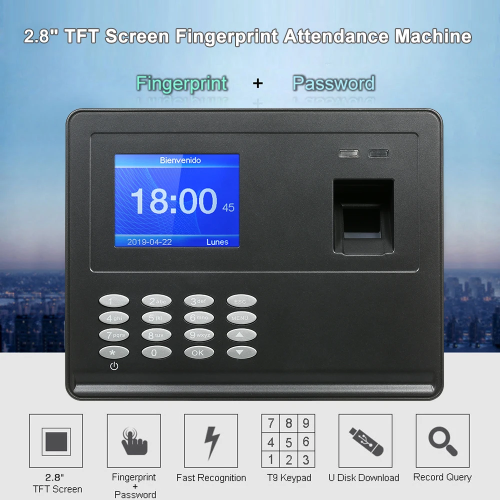 

Biometric Fingerprint Attendance Machine 2.8" TFT LCD Display USB Fingerprint Attendance System Employee Checking-in Recorder