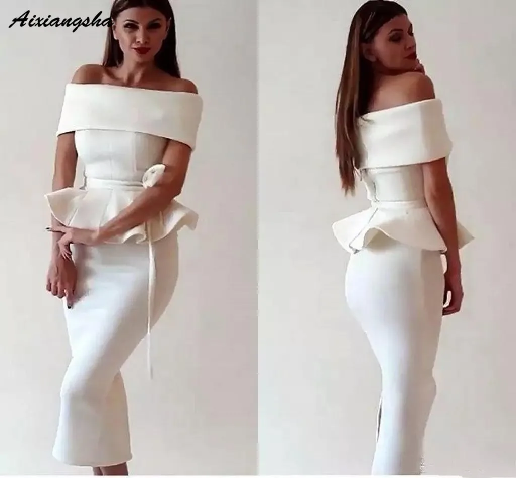

Off the Shoulder White Formal Dress Party 2019 Back Slit Tea-Length Dubai Saudi Arabic Muslim Mermaid Evening Dress