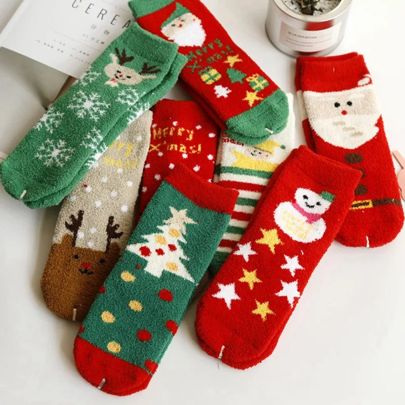 Christmas Socks Adults Gift Santa Coral Fleece Slipper Warm Winter Xmas