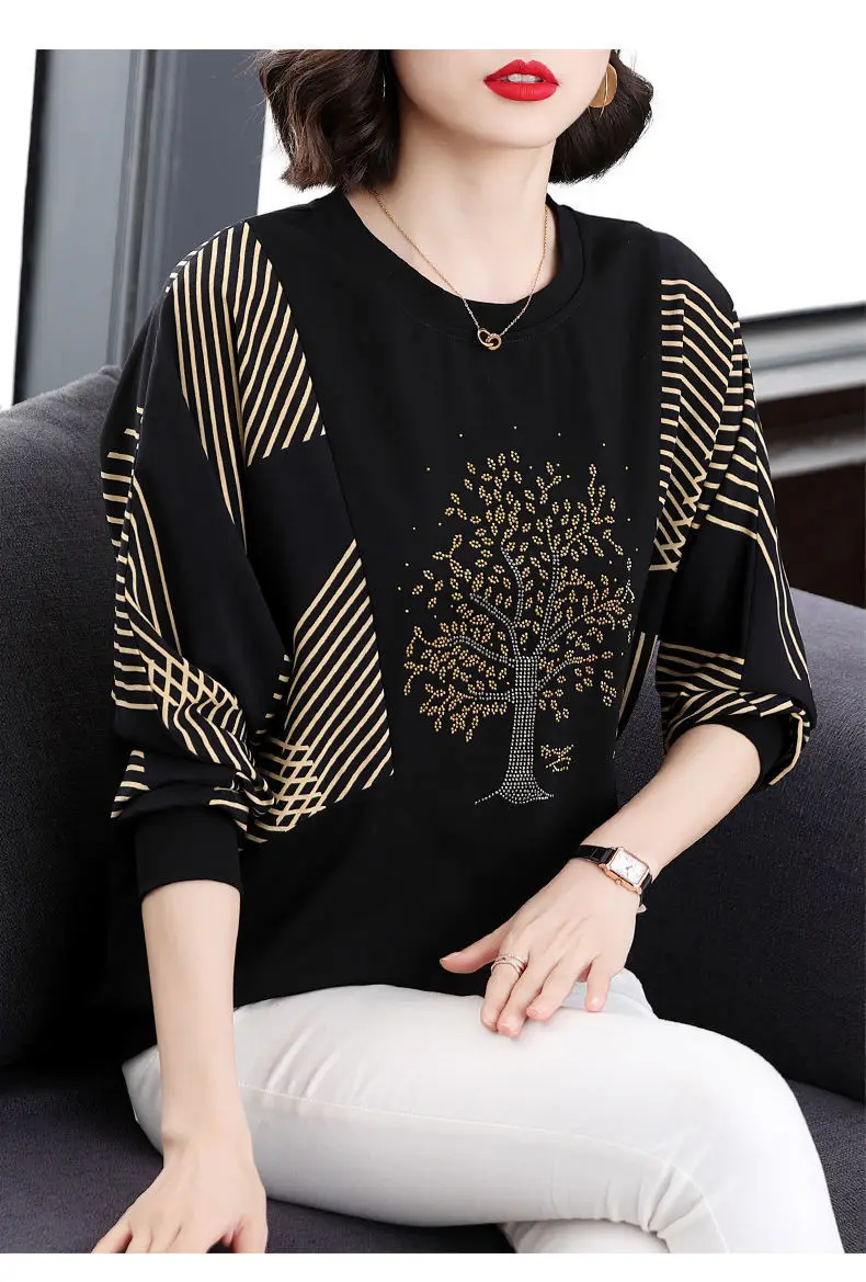 T-shirt a maniche lunghe da donna Autunno nuova camicia a pipistrello oversize allentata Camicetta da madre di mezza età_voghion.com