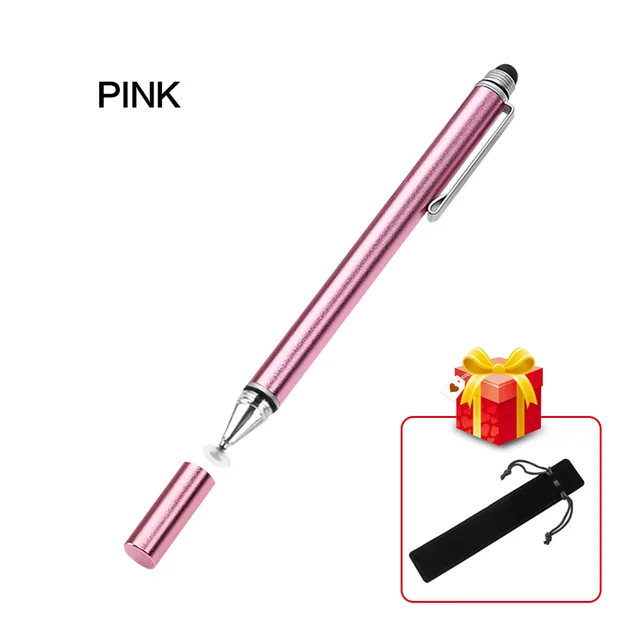 2 In 1 Stylus For Smartphone Tablet Thick Thin Drawing Capacitive Pencil Universal Android Mobile Screen Metal Note Touch Pen Pink with Hook