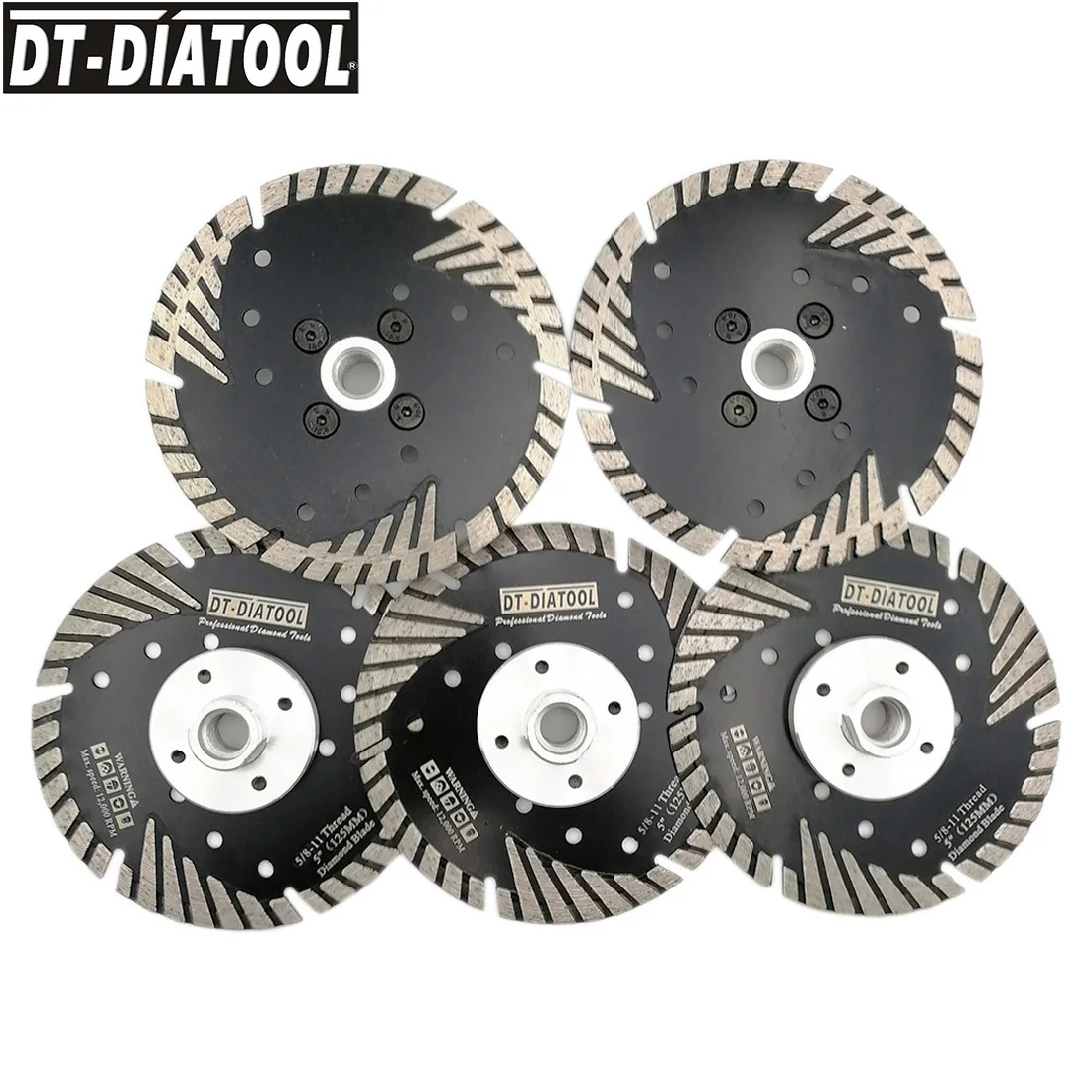 

DT-DIATOOL 5pcs 125mm/5" Hot Pressed Diamond Turbo Blades 5/8-11 Slant Protection Teeth Saw Blades Granite Marble Ccircular Saw