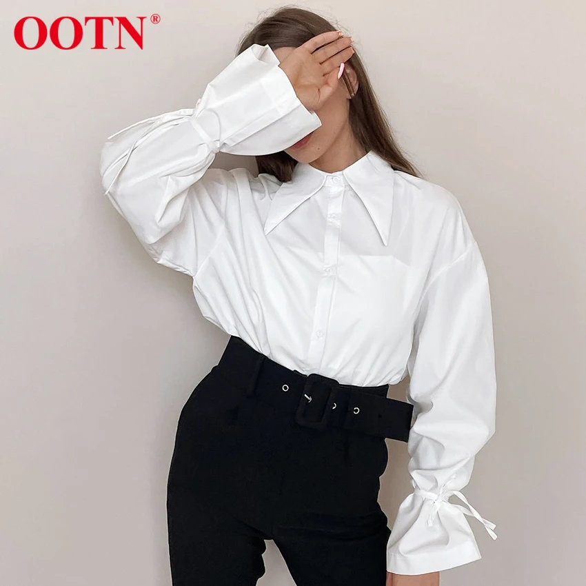 Женская офисная блузка OOTN белая с отложным воротником длинным рукавом на