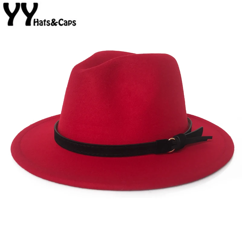 YY черный кожаный ремень Fedora шляпа для мужчин зимняя винтажная фетровая шляпка винтажная Трилби женские церковные шляпы Chapeau Femme Feutre FD19020