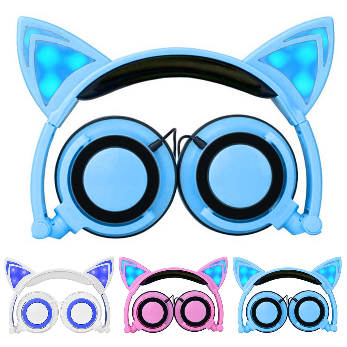 New 4 Color Cute Cat Ear Overhead Wired Headphone Folding Children Kids Headphone LED Light Earphone