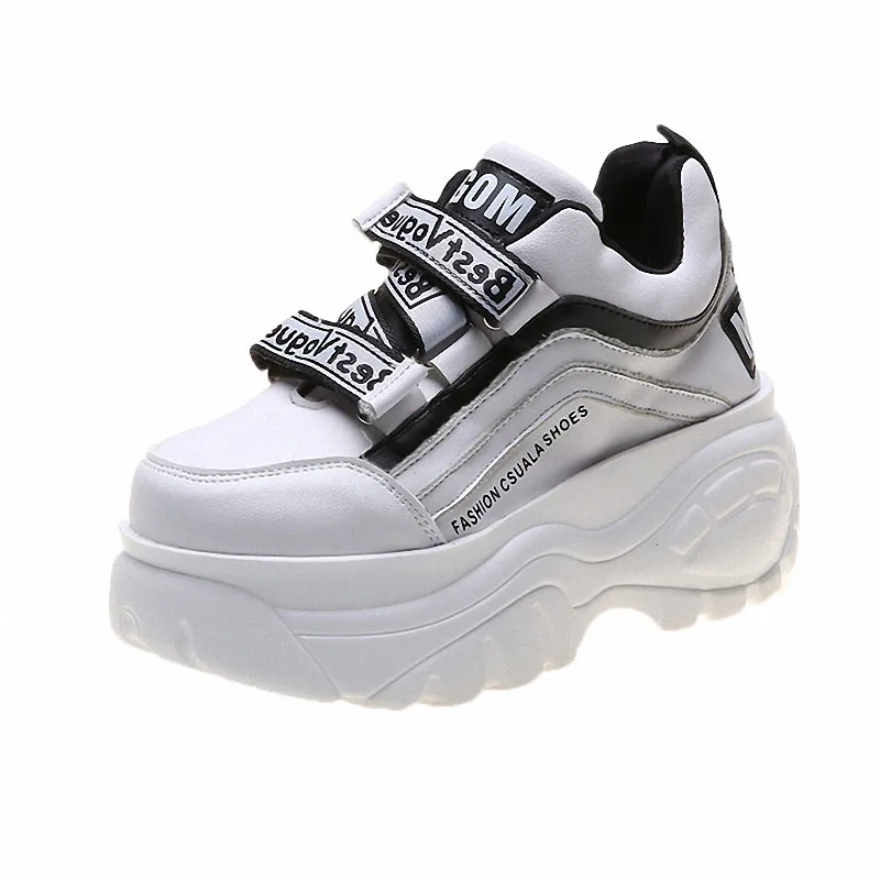 Женская обувь для бега на толстой подошве, фиолетовая белая спортивная обувь кроссовки для бега, ходьбы 7 см, увеличивающие рост черные ботинки с массивным каблуком - Цвет: White