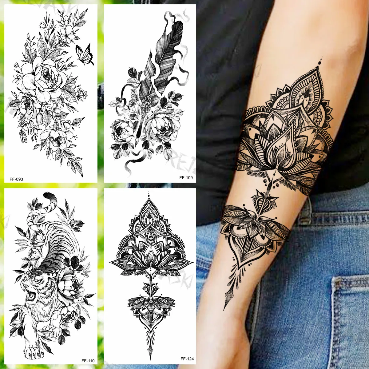 Tribal Henna Temporary Tattoos For Women Girls Realistic Feather Tiger  Butterfly Flora Fake Tattoo Sticker Sexy Arm Leg Tatoos - Temporary Tattoos  - AliExpress
