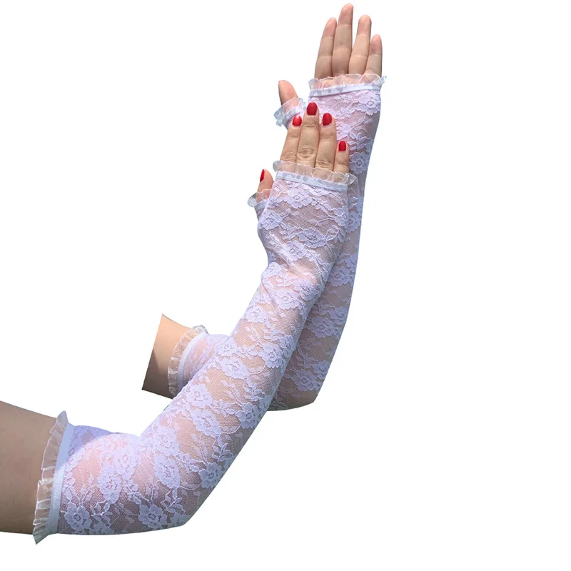Women Summer Arm Sleeves Gloves Sexy Lace Flowers Gloves Fingerless Mittens Covered Scar Elastic Sleeve Driving Sunscreen Gloves
