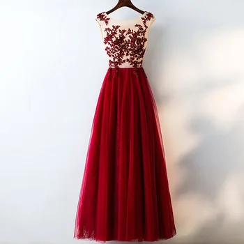 

Real Photo Spring Red Long Prom Dresses Lace Sequined Appliques Tulle Illusion Women Evening Party Gown Cheap Maxi Dress