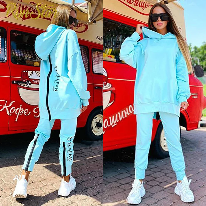 2021 Casual Suit Female Spring And Autumn Zipper Front And Back Wear Fashion Letter Printing Loose Long Sweater Trousers Suit