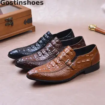 

Alligator Printed Men Leather Shoes Black Brown Cowhide Men Dress Shoes Single Buckle Strap Monk Shoes Formal Business Shoes