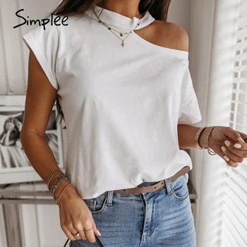 

Simplee Casual solid short sleeve women shirt Sexy strapless irregular t shirt Spring summer slim ladies halter shirt social