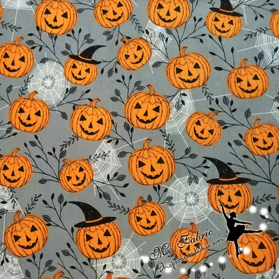 110 см Ширина Тыква с черной шляпой паутины черные листья серый хлопок ткань для детей Хэллоуин украшения DIY-BK745