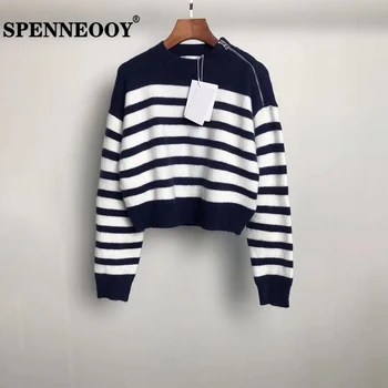 

SPENNEOOY Designer Custom Runway Autumn Female Fashion Casual Sweater Ladies Long Sleeve Zippers Striped Knitting Pullovers