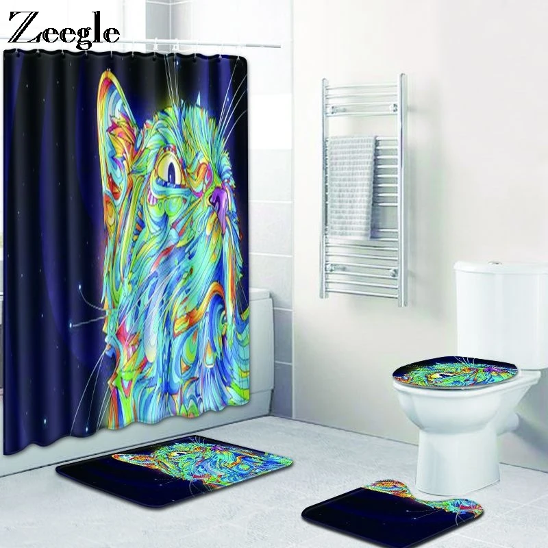 Zeegle Bath Mat Set Non-slip Bathroom Carpets Flannel Foot Mat Shower Curtain with Hooks Toilet Pedestal Rug Washable Toilet Set