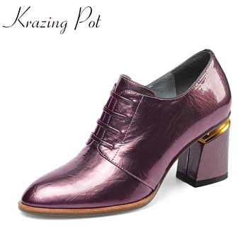 

Krazing pot 2020 new big size full grain leather pointed toe high heels French romantic beauty lady mature zip spring pumps L31