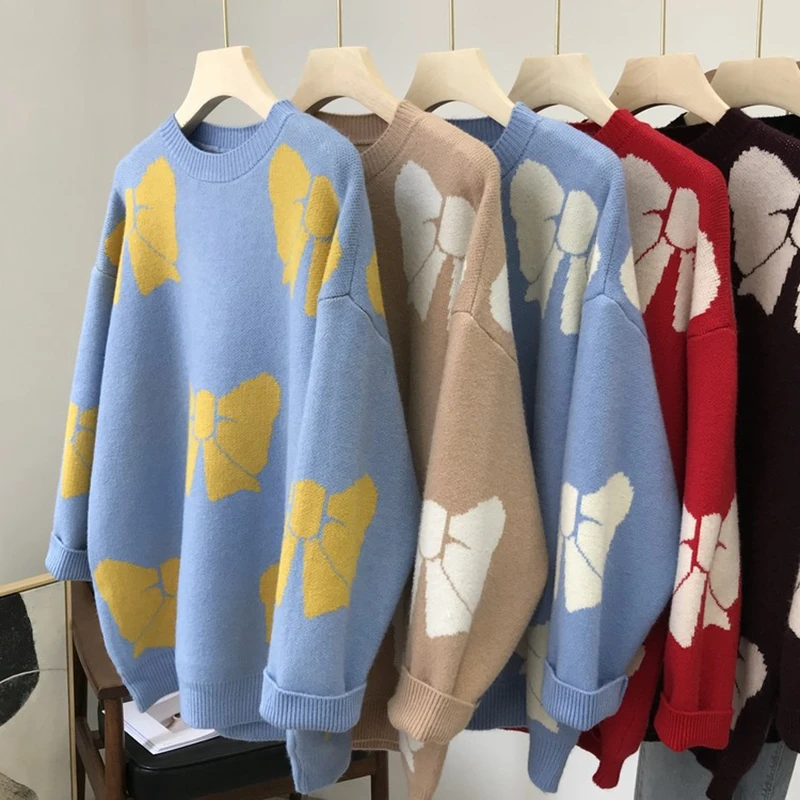 

Casual Pullover Knitted Sweater For Women 2019 Autumn Winter Loose Printed Long Sleeve Knitted Sweater Female Thicken Jumper
