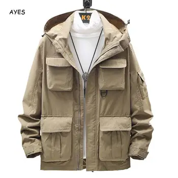 

Tactical Jacket Autumn Military Style Army Coat Male Long Sleeve Multi Pockets Hooded Windbreaker Men Plus Size Military Coat