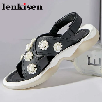 

Lenkisen big size cow leather peep toe med heel pearl decorations beauty lady daily wear leisure shoes women summer sandals L99