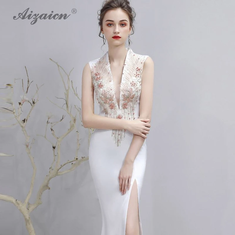 Роскошные белые Chinoise вечерние винтажное платье Мода V шеи Cheongsam Длинные вечерние платья Qi Pao женское китайское традиционное платье