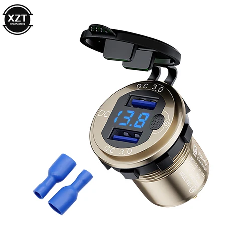 24V 18W Aluminum Waterproof Dual QC3.0 USB Fast Charger Power Outlet with LED Voltmeter ON OFF Switch for Car Marine Truck