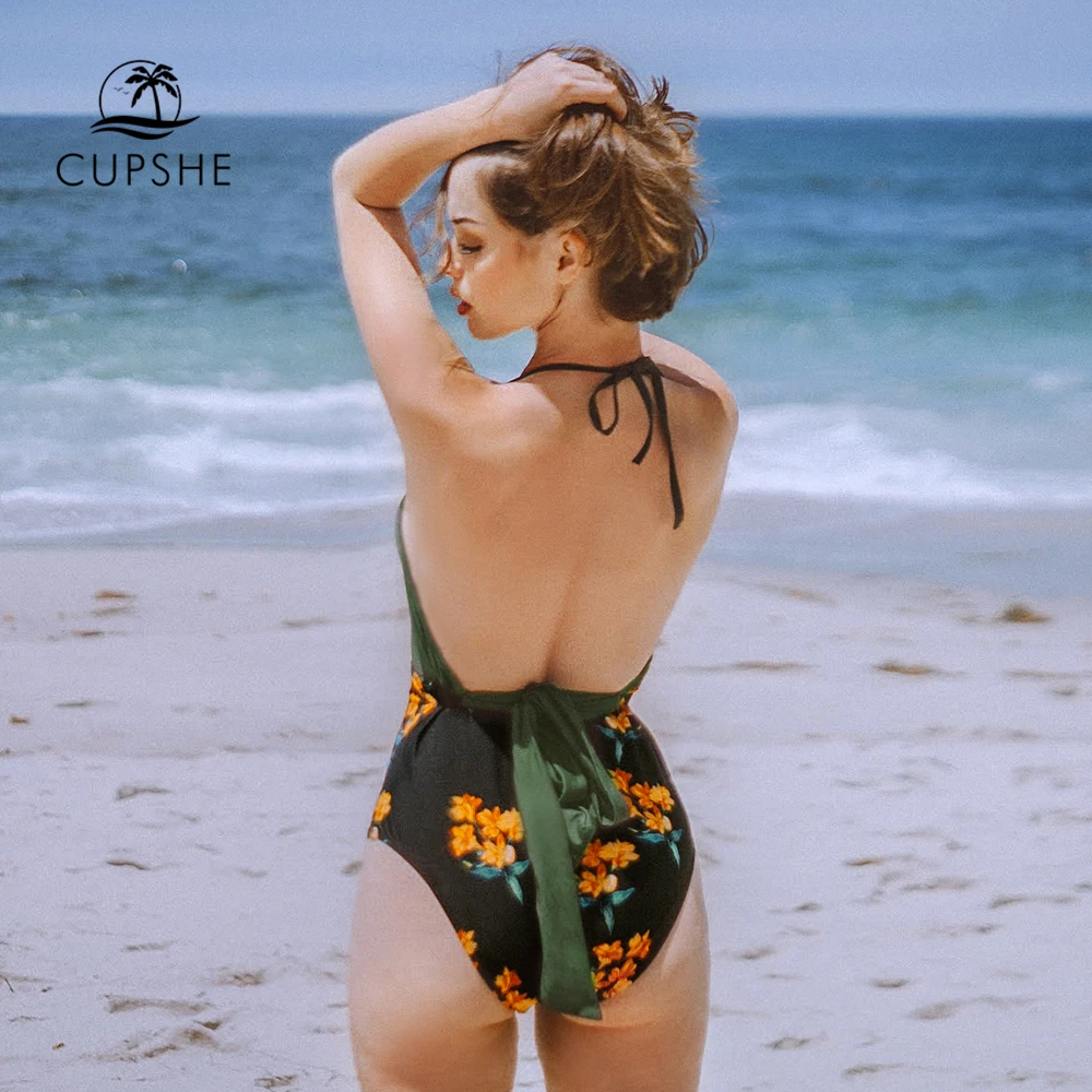 CUPSHE зеленый и черный Цветочный Холтер цельный купальник женский сексуальный с v-образным вырезом без спинки Монокини пляжный купальный костюм купальник