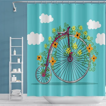 

High Quality Cartoon Bike Shower Curtains Bathroom Polyester Cloth Curtains Flowers Clouds Bicycle Waterproof Curtain With Hooks