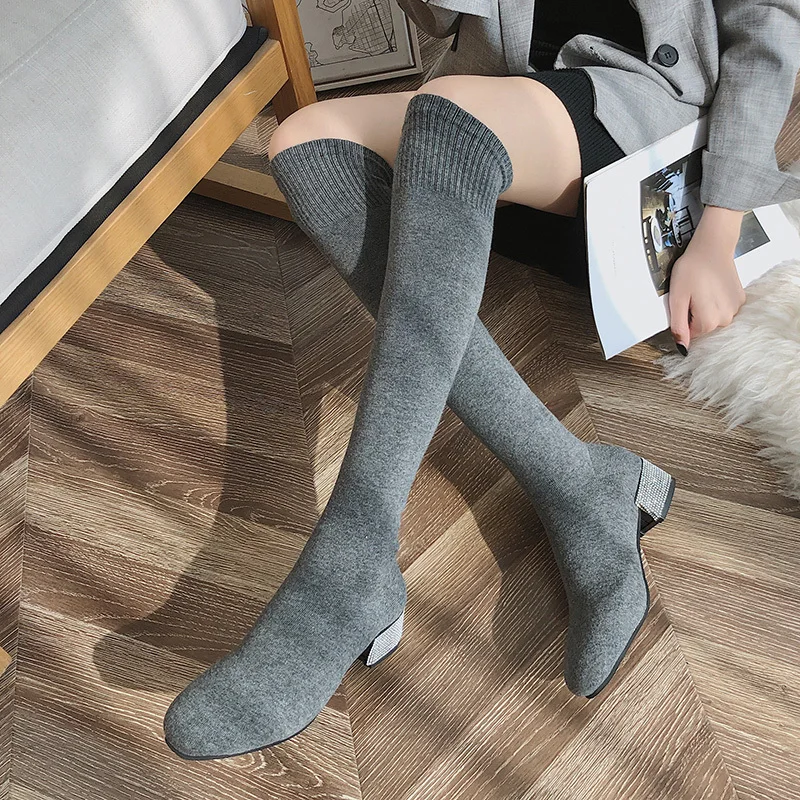 Slip on Warm Women Socks Boots Round Toe Suede Over The Knee Boots Women Botas Mujer Thick Heels Rubber Women High Boots