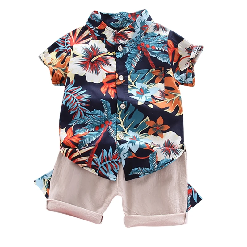 

Summer Toddler Baby Kid Boy Clothing 2PCS Outifit Set Banana Leaf Print Short T-shirt+Short Solid Pants Gentelman Clothes Set