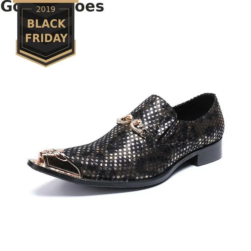 Classic Men Shoes Genuine Leather Pointed Metal Cap Toe Men Leather Shoes Polka Dots Men Casual Business Shoes Daily Wear