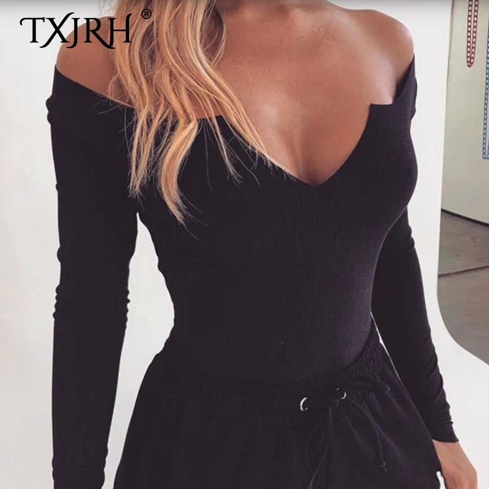 

TXJRH Sexy Deep V-Neck Body Siamese fit Long Sleeve Skinny Tight Rompers Bodysuits Fashion Women Undershirt Playsuits 3 Colors